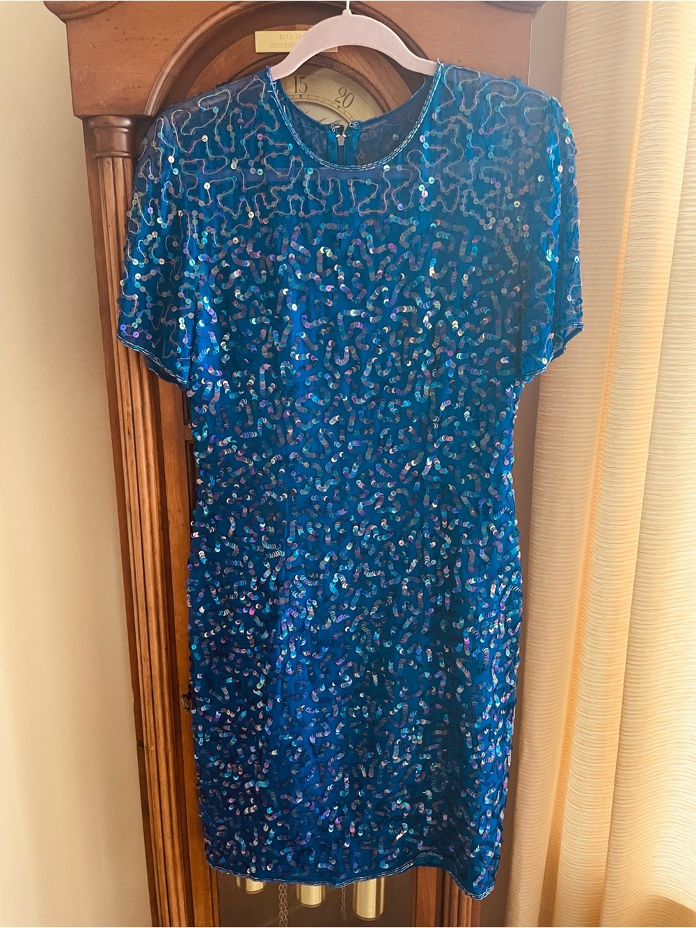 Vintage 80s Hand Beaded Sequined 100% Silk Back Zip Glittery Party Dress S4